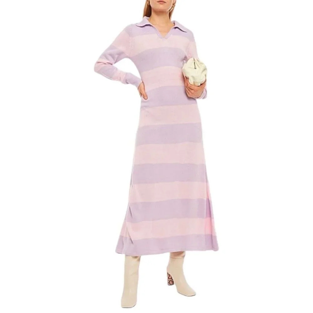 OLIVIA RUBIN Tallulah Sweater Dress Lilac Pink Striped V-neck Knit Long Pullover